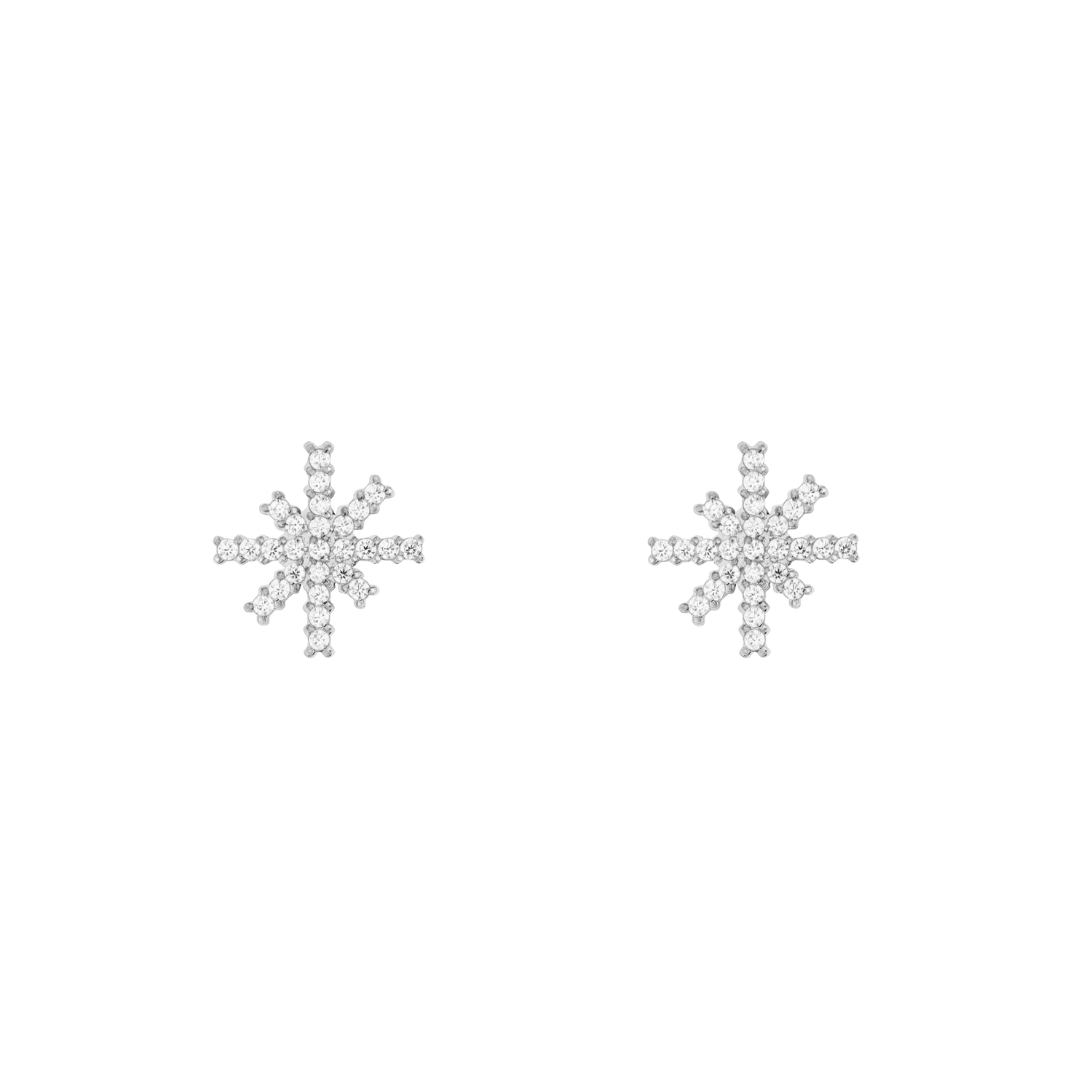 Pair of Mirelle Star Earring Silver stud earrings featuring a star-shaped design with white cubic zirconia crystals set in polished silver, shown against a black background.