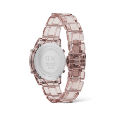 Back view of the Retro Digital Dark Pink Dark Pink watch showing the stainless steel case back, transparent pink bio-based plastic strap, and secure butterfly clasp.