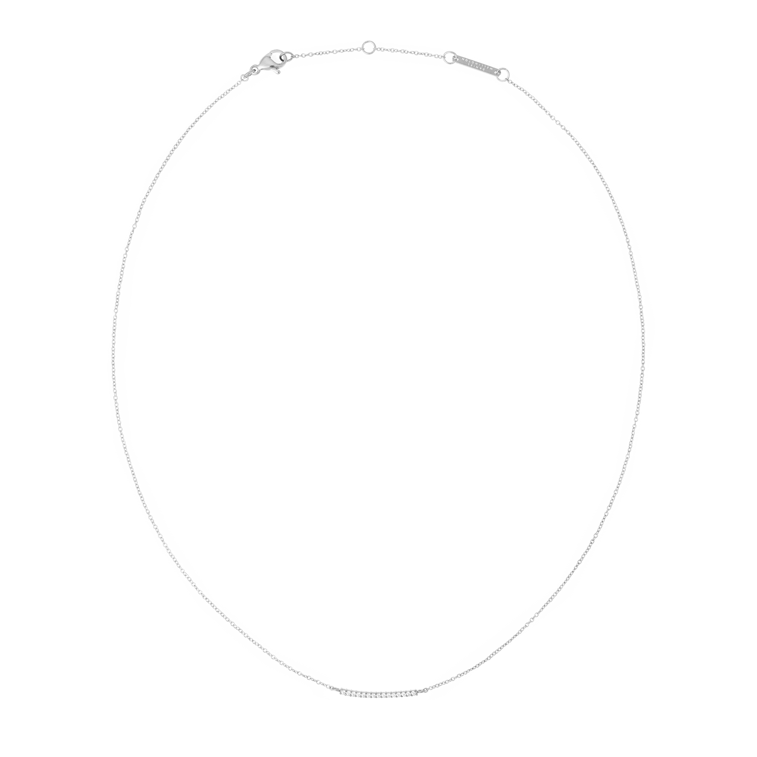 Slender silver necklace with a minimalist chain and a delicate bar pendant set with sparkling white cubic zirconia, featuring an adjustable clasp for versatile styling.