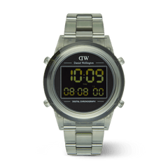 Retro Digital Dark Green unisex watch with a transparent dark green link bracelet, round black digital dial, and clear LED display showing time, date, and chronograph functions.