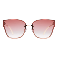 Oversized square sunglasses with pink gradient nylon lenses and a rose gold plated stainless steel frame, featuring adjustable silicone nose pads and acetate temple tips for comfort.