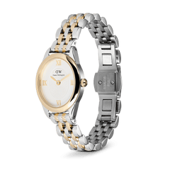 Ophelia Mini Two Tone Gold ladies watch with an oval case, white dial, gold Roman numerals, and a polished gold and silver stainless steel bracelet featuring an open butterfly clasp.