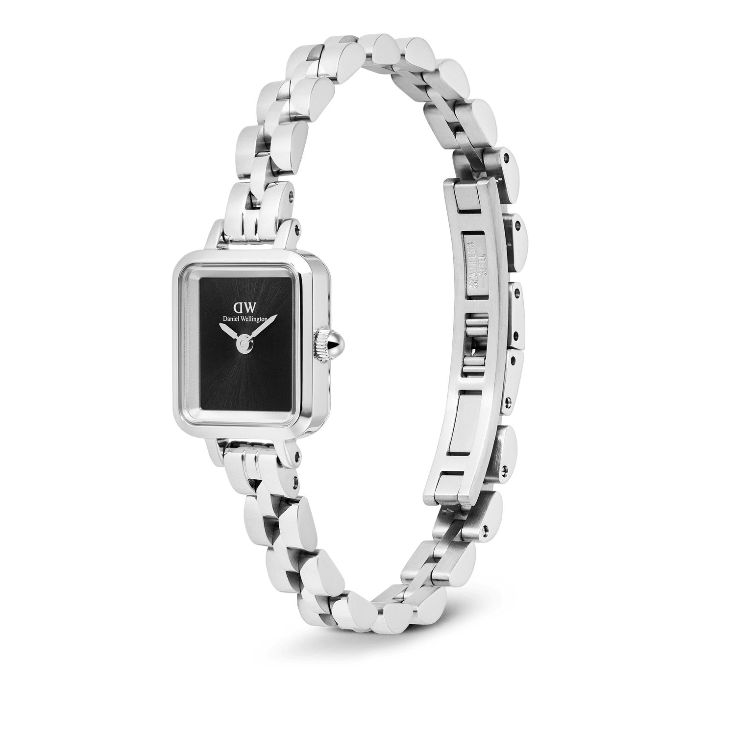 Quadro Mini Arch 3-link Onyx Sunray Silver displayed with its slim three-link stainless steel bracelet open, highlighting the petite rectangular silver case, minimalist black sunray dial, and button-less butterfly clasp.