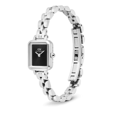 Quadro Mini Arch 3-link Onyx Sunray Silver displayed with its slim three-link stainless steel bracelet open, highlighting the petite rectangular silver case, minimalist black sunray dial, and button-less butterfly clasp.