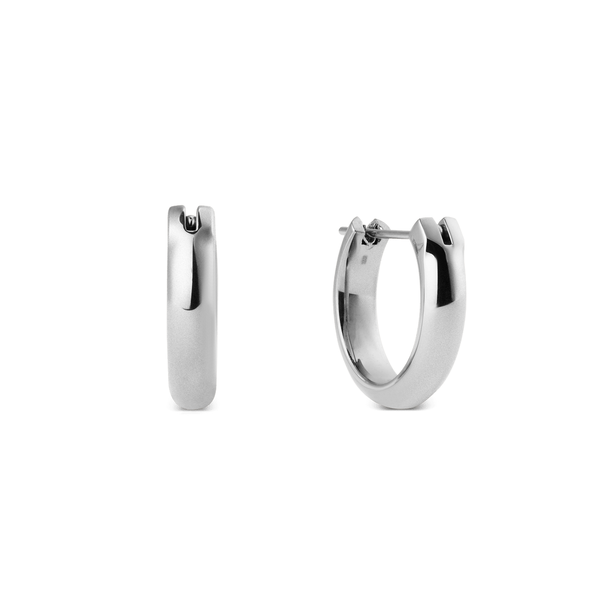 A pair of Daniel Wellington Arch Earring Silver 12mm hoop earrings crafted from polished stainless steel, featuring a rounded profile and classic pin closure, shown from both side and front angles against a plain background.