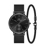 Classic Multi Eye Ashfield & Bracelet Black set featuring a men’s round black dial watch with minimalist markers and a matching slim black mesh bracelet, both with adjustable clasps for a sleek, coordinated look.