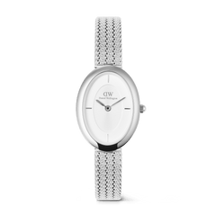 Juliette Braided Mesh White Sunray Silver ladies watch featuring a petite oval stainless steel case, minimalist white sunray dial, and a polished braided mesh strap with subtle rectangular indices.