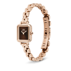 Quadro Mini Arch 3-link Amber Sunray Rose Gold ladies watch featuring a rectangular brown sunray dial, polished rose gold 3-link bracelet, and adjustable butterfly buckle for a comfortable fit on small wrists.