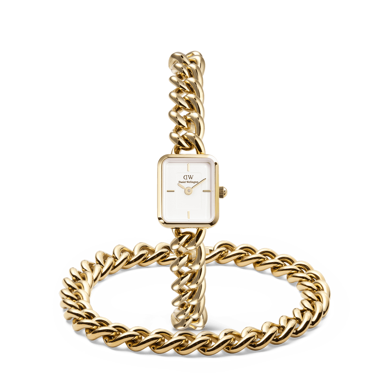 Gold-tone Jolie Chain & Chunky Chain Bracelet Set featuring a square-faced bracelet watch with a white dial and minimalist hour markers, paired with a bold chunky gold chain bracelet, both crafted for a polished and contemporary look.