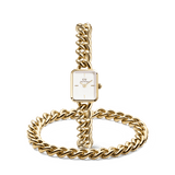 Gold-tone Jolie Chain & Chunky Chain Bracelet Set featuring a square-faced bracelet watch with a white dial and minimalist hour markers, paired with a bold chunky gold chain bracelet, both crafted for a polished and contemporary look.