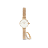 Petite Mini & Pave Crystal Ring Gold Set featuring a petite gold mesh strap watch with a white dial and a matching gold ring embellished with pavé crystals, styled together for a modern, elegant look.