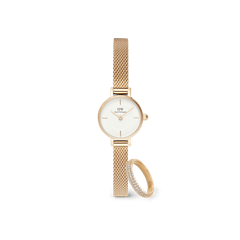 Petite Mini & Pave Crystal Ring Gold Set featuring a petite gold mesh strap watch with a white dial and a matching gold ring embellished with pavé crystals, styled together for a modern, elegant look.