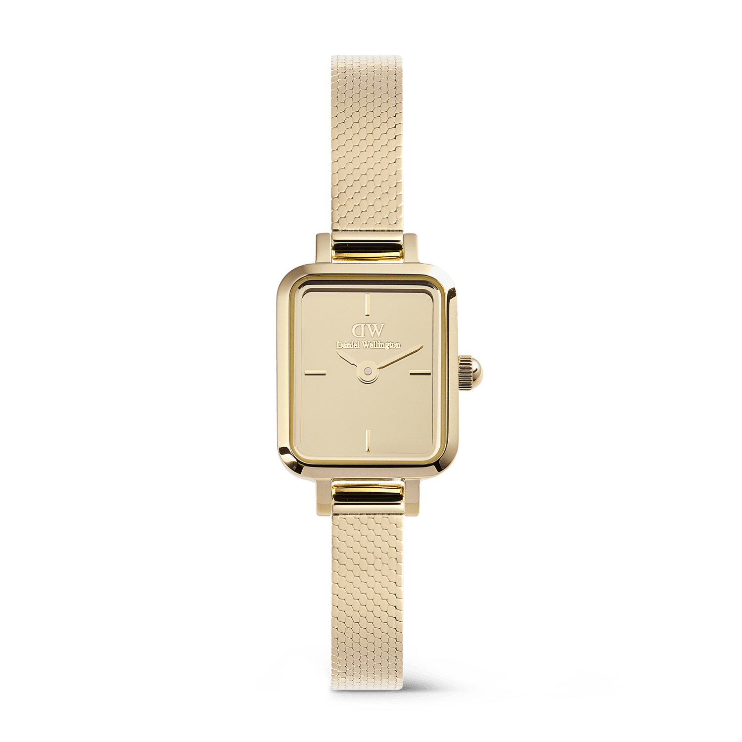 Quadro Mini Reflection Gold features a slim rectangular gold case, mirror-effect dial, and a delicate gold mesh strap, offering a refined and minimalist look suitable for everyday wear.