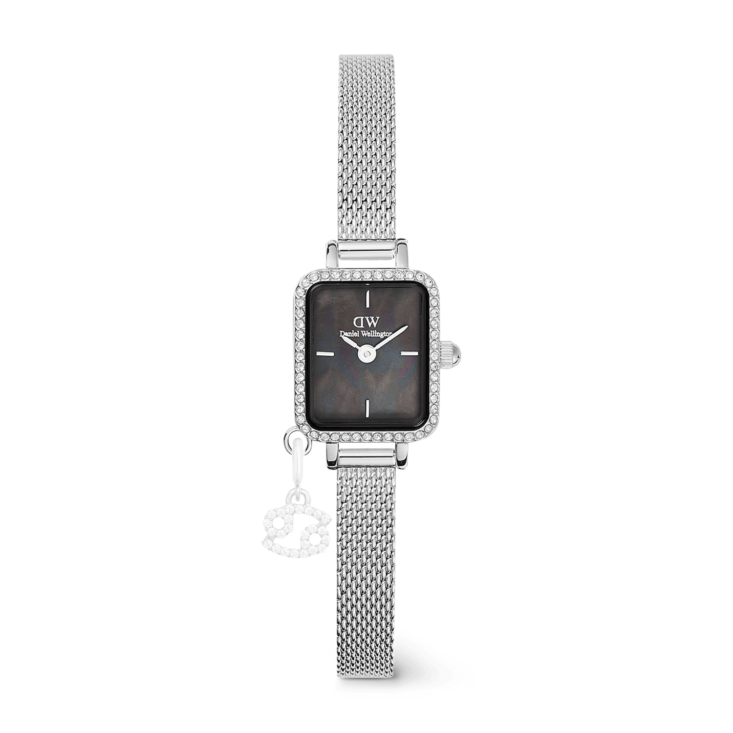 Quadro Mini Crystal Zodiac Sterling features a petite rectangular silver case with a crystal-framed bezel, a black mother of pearl dial, and an elegant mesh strap with an interchangeable zodiac charm.