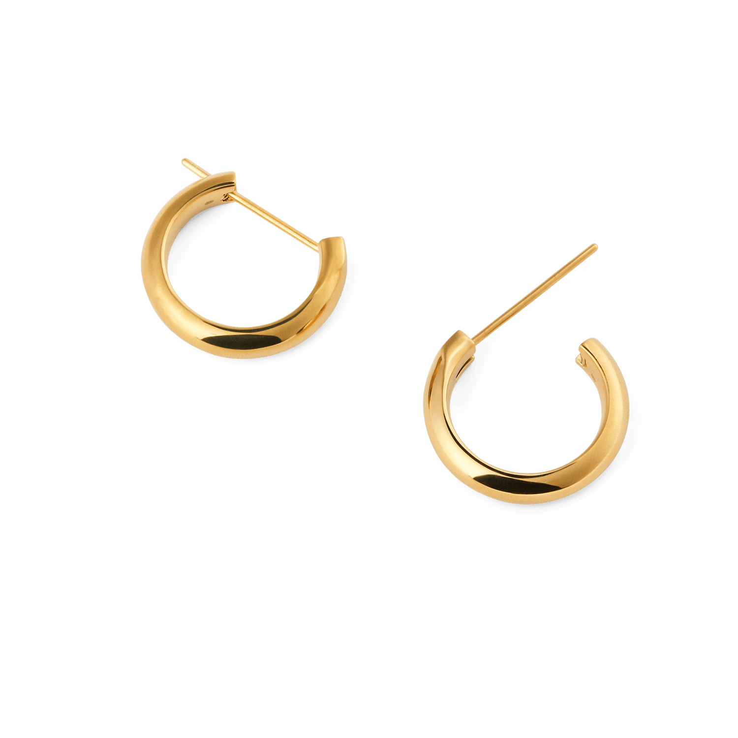A pair of Arch Earring Gold 12mm hoop earrings with a smooth, rounded profile and polished gold finish, featuring a petite size and practical pin closure for secure everyday wear.