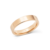 A polished rose gold ring with a 4.5mm wide band, featuring clean lines, a smooth surface, and a discreet logo engraved on the inside.