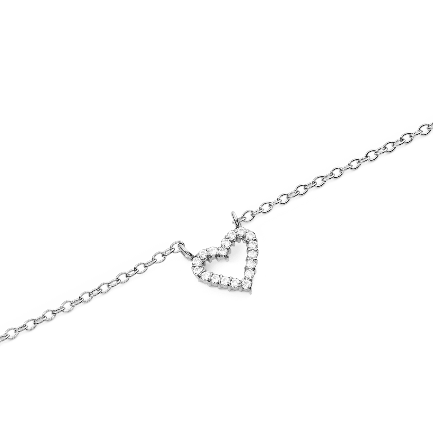 Close-up of the Mirelle Heart Necklace Silver showing a delicate open heart pendant set with sparkling white cubic zirconia crystals on a fine silver chain.