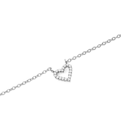 Close-up of the Mirelle Heart Necklace Silver showing a delicate open heart pendant set with sparkling white cubic zirconia crystals on a fine silver chain.