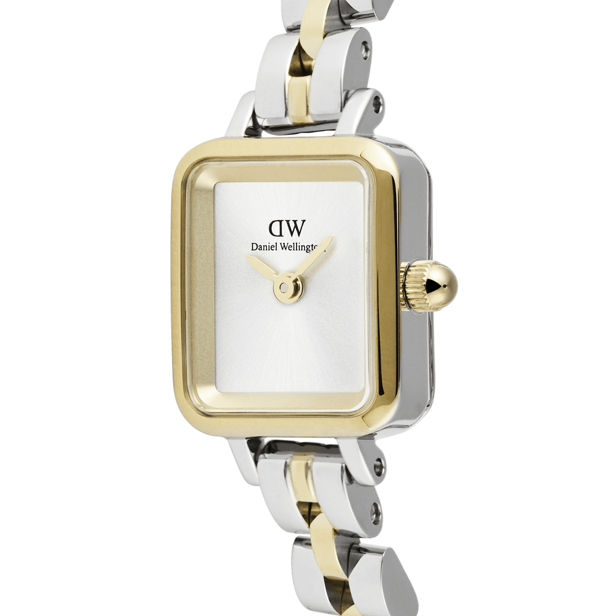 Close-up of the Quadro Mini Arch 3-Link Two Tone Gold ladies watch, showing the gold and silver rectangular case, white dial, and polished 3-link stainless steel bracelet with a modern, minimalist finish.