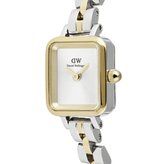 Close-up of the Quadro Mini Arch 3-Link Two Tone Gold ladies watch, showing the gold and silver rectangular case, white dial, and polished 3-link stainless steel bracelet with a modern, minimalist finish.