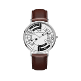 Limited edition Daniel Wellington Bristol BW dial watch featuring Steven Harrington’s black and white psychedelic artwork on the dial, classic silver case, and a brown Italian leather strap.