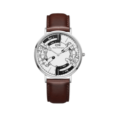 Limited edition Daniel Wellington Bristol BW dial watch featuring Steven Harrington’s black and white psychedelic artwork on the dial, classic silver case, and a brown Italian leather strap.