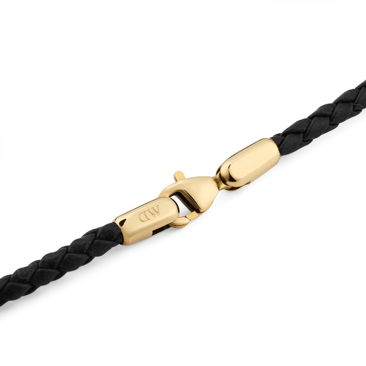 Detailed view of the Daniel Braided Leather Bracelet Sheffield 2.8 Gold, featuring a tightly woven black leather band and a polished gold-plated stainless steel clasp with a secure lobster closure.