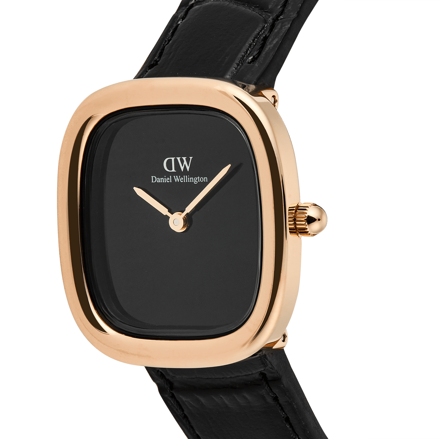 Close-up of the Margot Reading Onyx Ceramic Rose Gold ladies watch, highlighting its polished rose gold rectangular case, minimalist black dial, and pressed croc black leather strap.