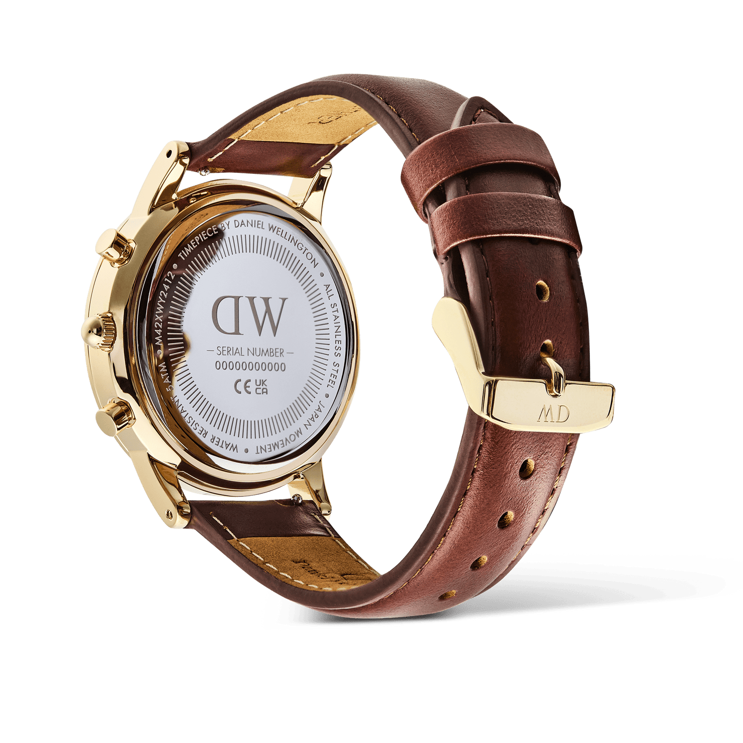 Rear view of the Iconic Chronograph St Mawes Arctic Panda Gold watch showing the gold-plated case back, engraved details, and brown genuine leather strap with gold pin buckle.