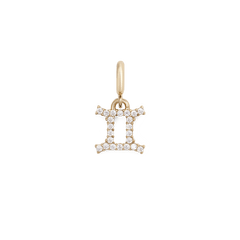 Gold Gemini zodiac watch charm with cubic zirconia crystal detailing, featuring a twin symbol design in a secure claw setting for versatile styling on watches or jewellery.