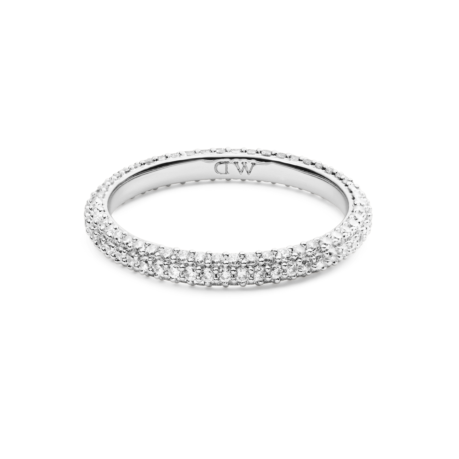 Pavé Ring Silver 3 mm with a slim rhodium plated band, featuring three rows of closely set white cubic zirconia crystals for a subtle, sparkling finish suitable for everyday wear or stacking.