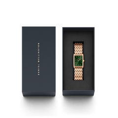 Bound 9-Link Emerald Sunray ladies watch with a rectangular rose gold case and green sunray dial, presented in a premium Daniel Wellington gift box.