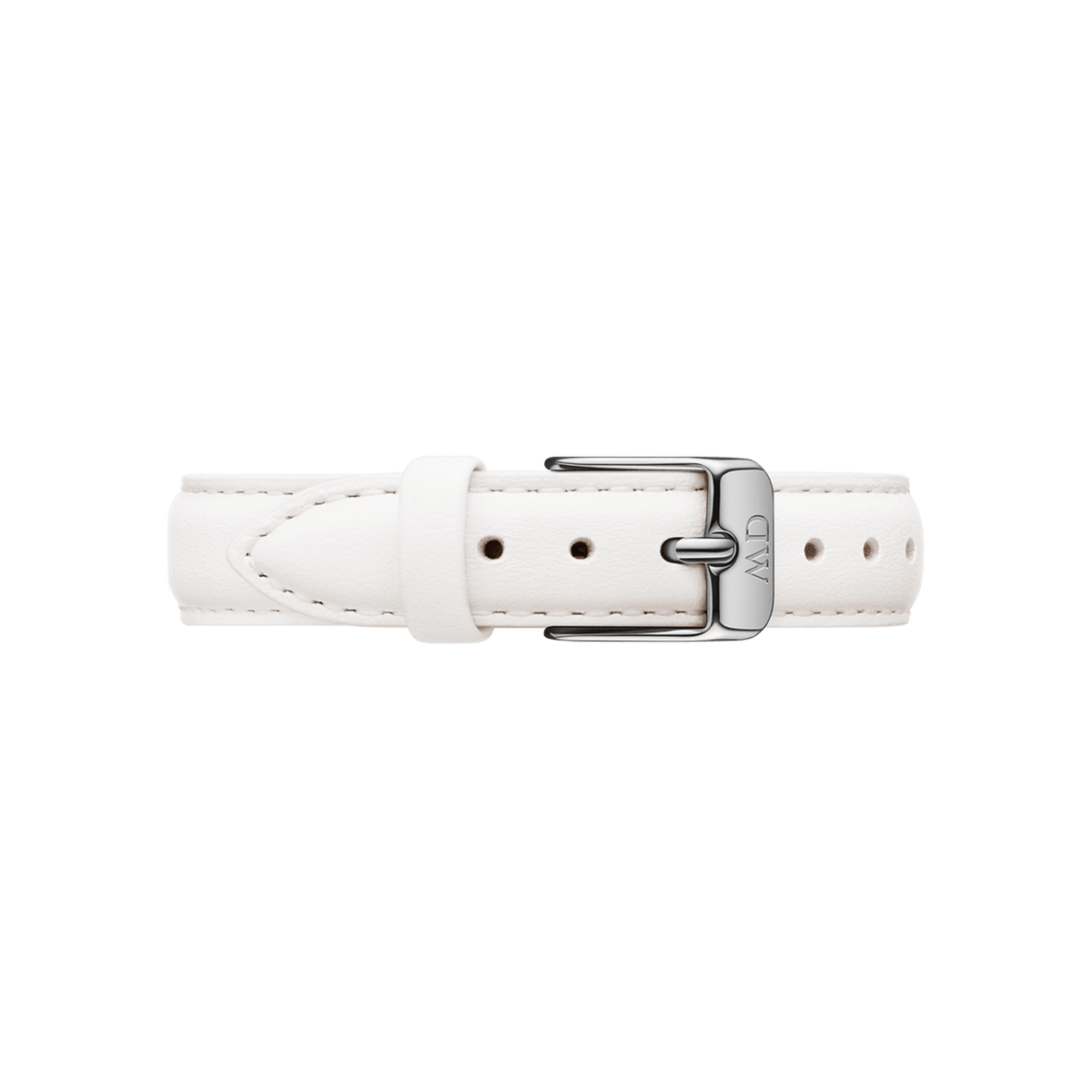 Bondi Strap Silver in white genuine leather with a polished silver buckle, featuring neat stitching and an adjustable fit for classic or petite watches.