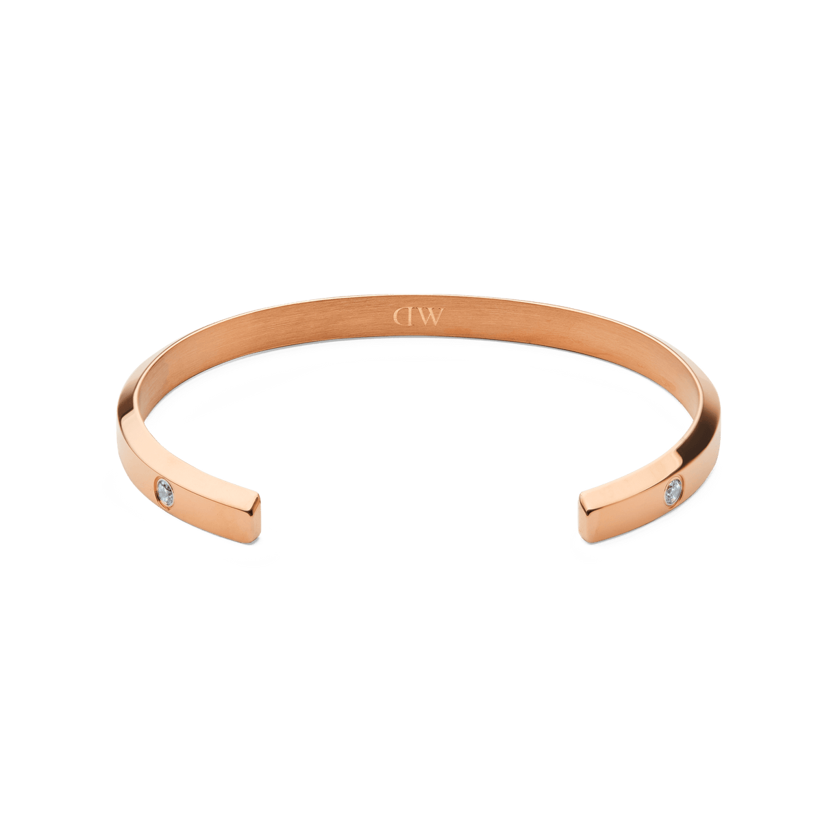 Classic Lumine Bracelet Rose Gold 55mm featuring a slim open cuff design in polished rose gold, with sparkling crystals set at each end for a refined, elegant finish.