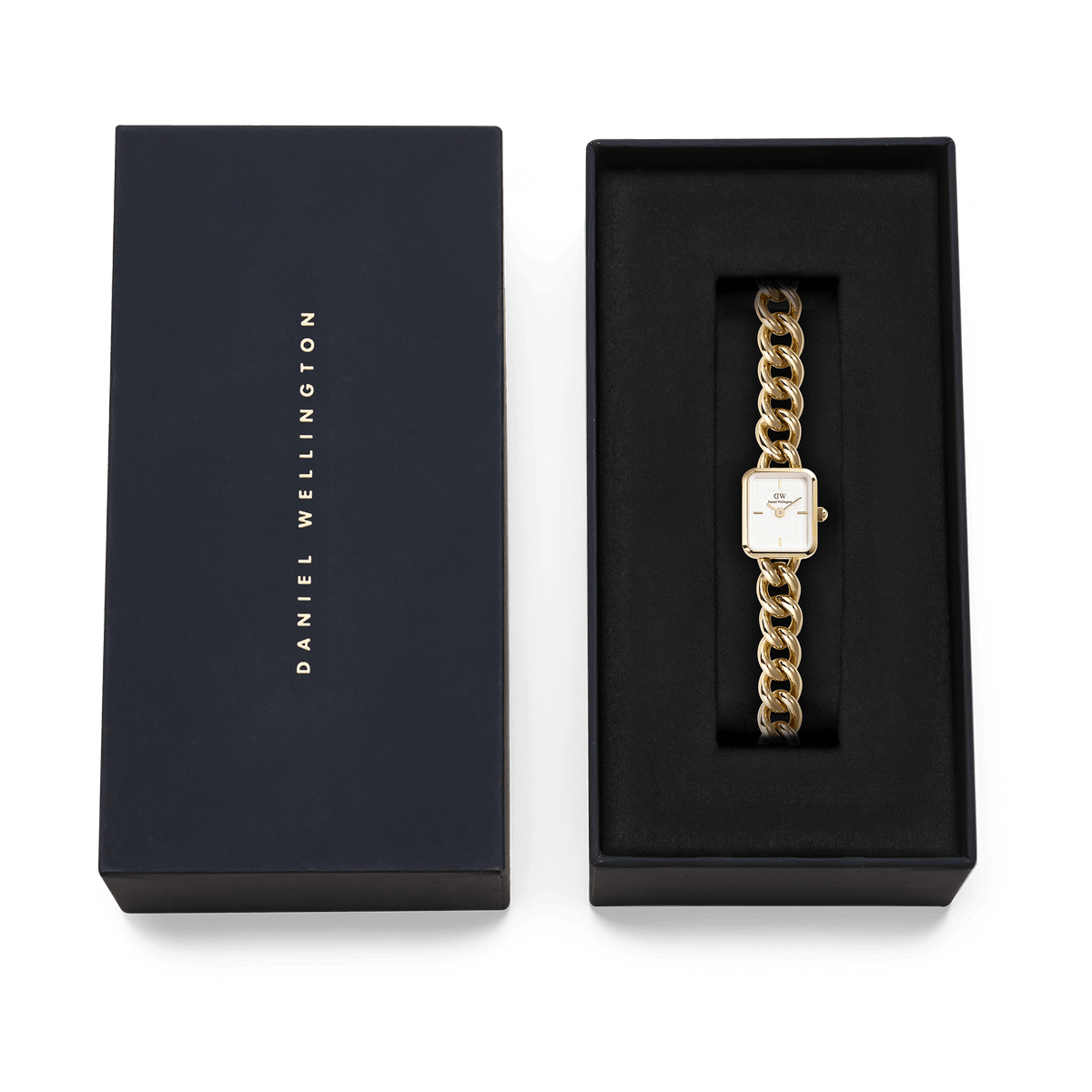 Jolie Chain Rose Gold watch presented in a black Daniel Wellington gift box, showcasing the chunky rose gold chain bracelet and petite square dial, ideal for gifting or special occasions.
