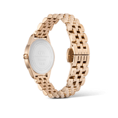 Back view of the Ophelia Mini Rose Gold ladies watch showing the polished rose gold stainless steel bracelet, oval case, and engraved caseback detailing.