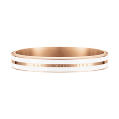 Emalie Infinite Rose Gold Satin White bangle featuring a wide band with polished rose gold and crisp white enamel, engraved with the Daniel Wellington logo for a sophisticated, modern look.