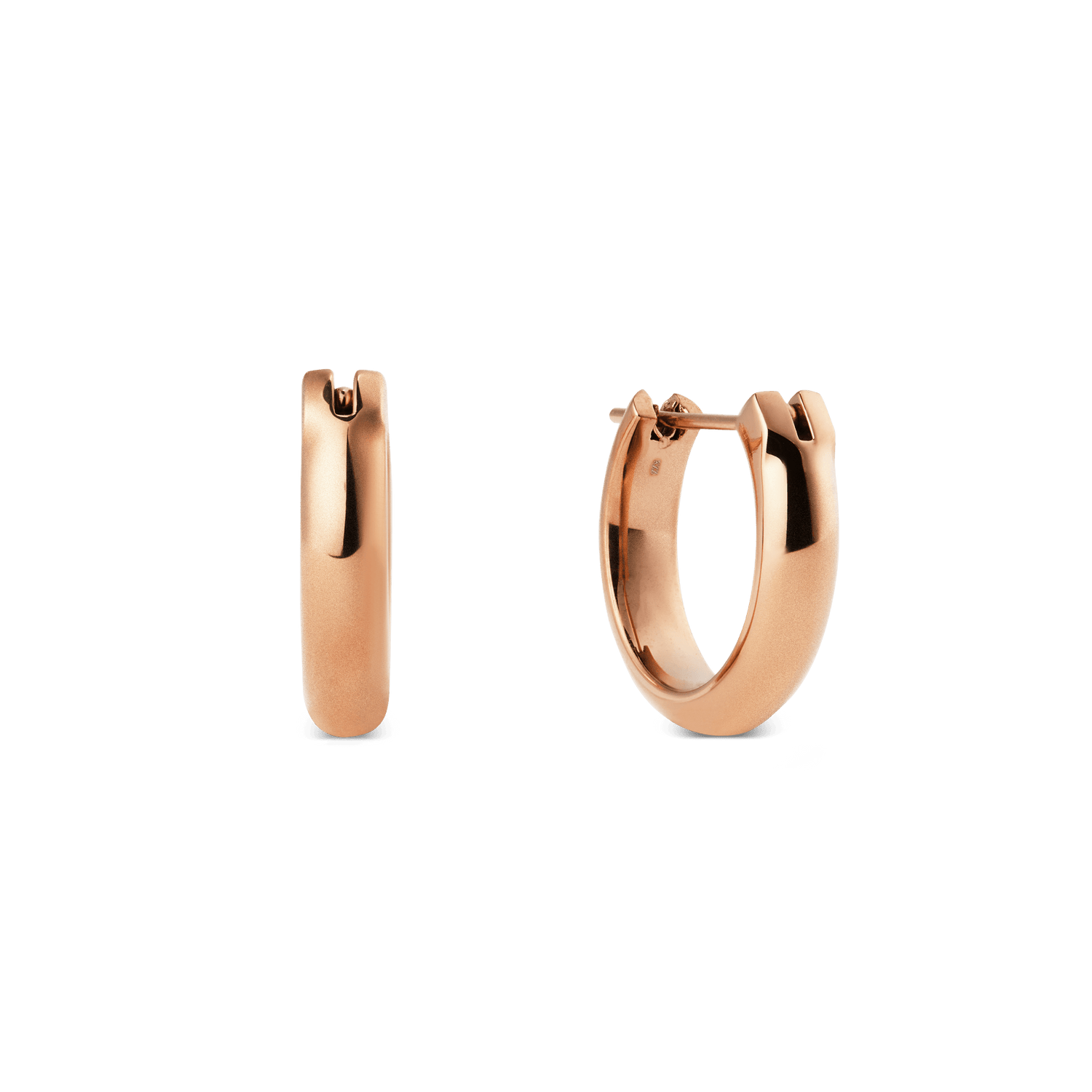 Pair of Arch Earring Rose Gold 12mm hoop earrings featuring a softly rounded shape and polished rose gold finish, shown from front and side to highlight their minimalist design and compact profile.