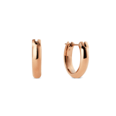 Pair of Arch Earring Rose Gold 12mm hoop earrings featuring a softly rounded shape and polished rose gold finish, shown from front and side to highlight their minimalist design and compact profile.