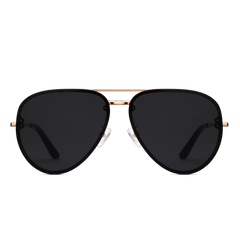 Front view of Avion Steel Rose Gold sunglasses featuring a rose gold plated stainless steel frame, large black aviator lenses, and adjustable silicone nose pads for comfortable everyday wear.