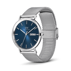 Classic Day Display Sterling Arctic men's watch with a blue dial featuring a triangle pattern, day and date window, and a stainless steel mesh strap with a safety clasp.