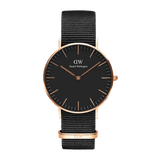 Classic Cornwall Black Rose Gold watch with a sleek black dial, rose gold stainless steel case, and a black NATO style polyester strap, ideal for both formal and casual wear.
