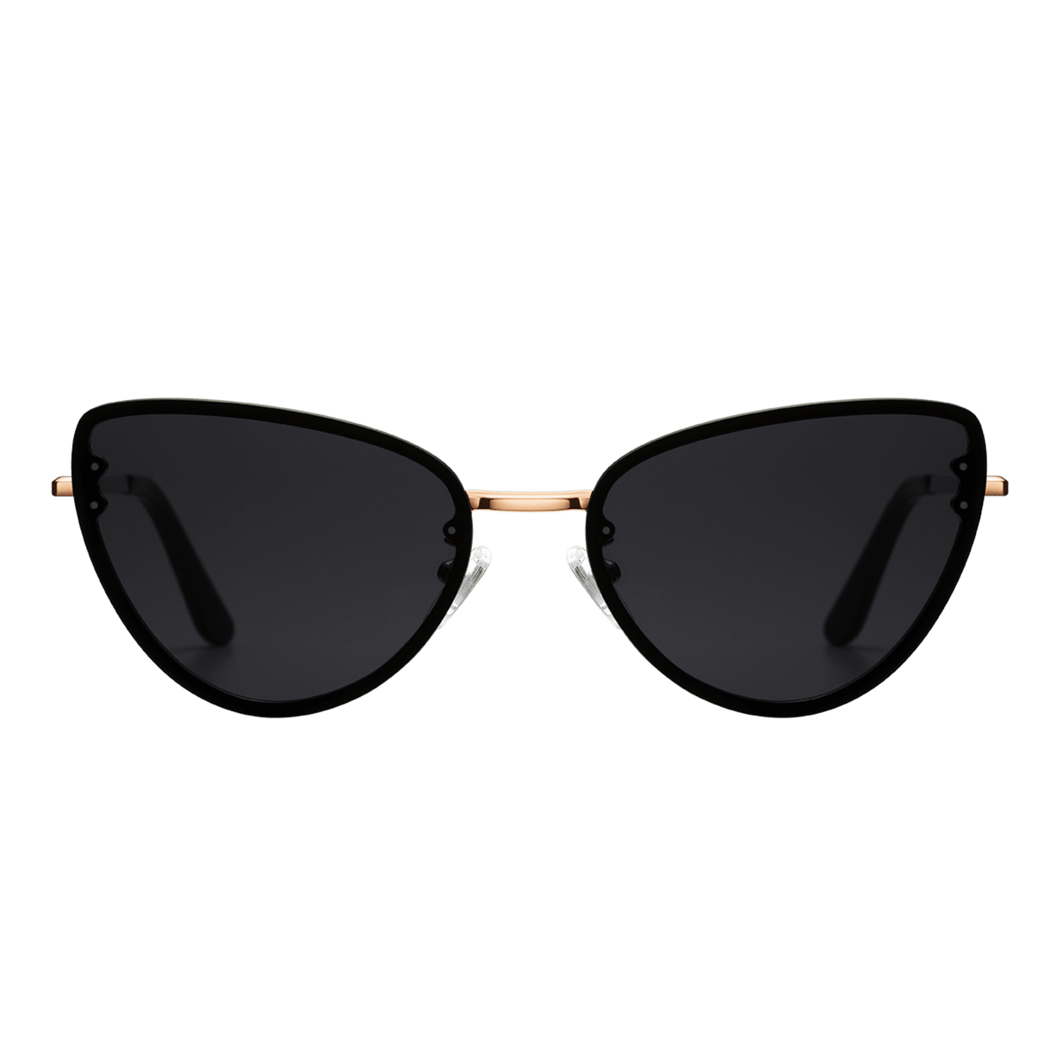 Lynx Steel Black sunglasses featuring a modern cat eye shape, dark nylon lenses, and a rose gold plated stainless steel frame with adjustable silicone nose pads for comfortable wear.