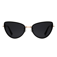 Lynx Steel Black sunglasses featuring a modern cat eye shape, dark nylon lenses, and a rose gold plated stainless steel frame with adjustable silicone nose pads for comfortable wear.