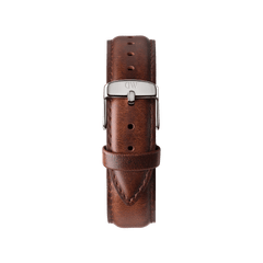 St Mawes brown leather watch strap by Daniel Wellington with a polished silver buckle, offering a classic and refined style suitable for everyday or formal wear.