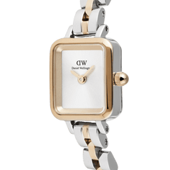 Close-up of the Quadro Mini Arch 3-Link Two Tone Rose Gold ladies watch, showing the rectangular white dial, rose gold bezel, and polished silver and rose gold 3-link bracelet.