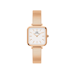 Quadro Studio Rose Gold watch with a square eggshell white dial, minimalist rose gold hour markers, and a slim piano link rose gold strap, designed for women seeking a refined and versatile accessory.