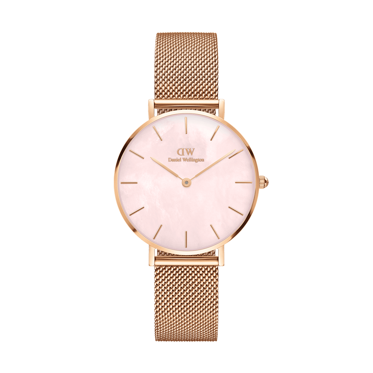 Rose gold ladies watch with a mesh strap and a pink mother of pearl dial, featuring minimalist hour markers and a petite case design.