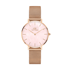 Rose gold ladies watch with a mesh strap and a pink mother of pearl dial, featuring minimalist hour markers and a petite case design.