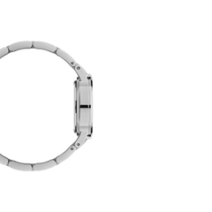 Side profile view of the Iconic Link Unitone Silver ladies watch, showing its slim stainless steel case and seamless link bracelet for a sleek, modern finish.